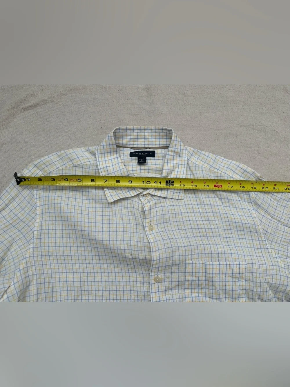 Banana Republic Mens XL 100% Linen Plaid Button Down Shirt Blue Yellow Classic